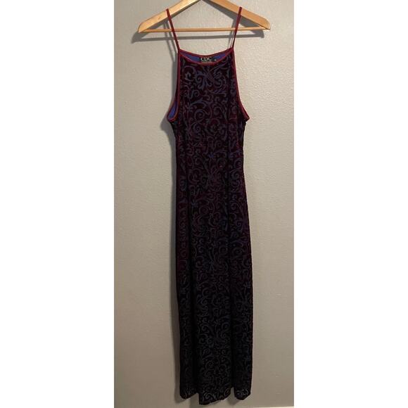 CDC Dress Womens Size 10 Burgundy Blue Velvet Burnout Formal Maxi Whimsigoth Y2K - Picture 1 of 9
